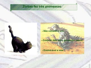 Zorbas fez três promessas: 
- Não comerei o ovo. 
- Cuidarei dele até a gaivotinha nascer. 
- Ensiná-la-ei a voar. 
 