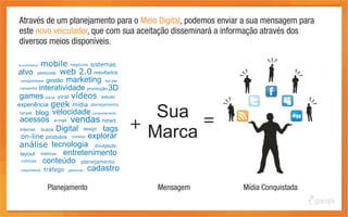 Através de um planejamento para o Meio Digital, podemos enviar a sua mensagem para
este novo veiculador, que com sua aceitação disseminará a informação através dos
diversos meios disponíveis.

e-commerce    mobile negócios sistemas
alvo     pesquisa     web 2.0 resultados
  navegabilidade gestão marketing hot site

 campanha interatividade promoção 3D

 games virtual viral vídeos estudo
experiência geek mídia planejamento
 target blog velocidade comportamento
                                                Sua
 acessos e-mail vendas news
 internet busca Digital design tags
                                             + Marca =
  on-line produtos vinhetas explorar
 análise tecnologia divulgação
 layout métricas entretenimento
  notícias conteúdo planejamento

  crescimento tráfego gerenciar cadastro



             Planejamento                      Mensagem       Mídia Conquistada
 