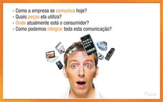 - Como a empresa se comunica hoje?
- Quais peças ela utiliza?
- Onde atualmente está o consumidor?
- Como podemos integrar toda esta comunicação?
 