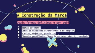 A Construção da Marca
Quais formas definimos e por quê?
● Bolhas (efêmero)
● Gotas se dividindo (transformar e se adaptar)
● X (alvo, objetivo, propósito)
● Círculos pontilhados (área de recorte, sketch, inacabado)
 