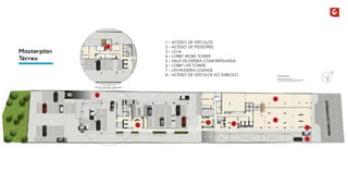 1 – ACESSO DE VEÍCULOS 
2 – ACESSO DE PEDESTRES 
3 – LOJA 
4 – LOBBY WORK TOWER 
5 – SALA DE ESPERA COMPARTILHADA 
6 – LOBBY LIFE TOWER 
7 – LAVANDERIA LOUNGE 
8 – ACESSO DE VEÍCULOS AO SUBSOLO 
 