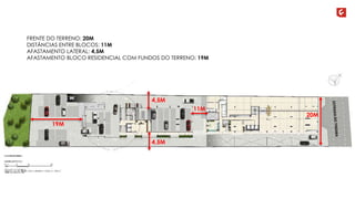 FRENTE DO TERRENO: 20M 
DISTÂNCIAS ENTRE BLOCOS: 11M 
AFASTAMENTO LATERAL: 4,5M 
AFASTAMENTO BLOCO RESIDENCIAL COM FUNDOS DO TERRENO: 19M 
20M 
19M 
4,5M 
4,5M 
11M 
 