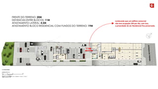 FRENTE DO TERRENO: 20M 
DISTÂNCIAS ENTRE BLOCOS: 11M 
AFASTAMENTO LATERAL: 4,5M 
AFASTAMENTO BLOCO RESIDENCIAL COM FUNDOS DO TERRENO: 19M 
Lembrando que um edifício comercial 
não tem ocupação 24h por dia, com isso, 
a privacidade do ed. Residencial fica preservada. 
11M 
 