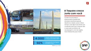 Estação BRT Taquara 
Terminal Rodoviário Transcar ioca 
A Taquara cresce 
Junto com você 
Comércio local amplo e 
extremamente diversificado, 
atividade industrial de grande 
relevância e rápido acesso à Barra 
da Tijuca, são alguns dos fatores que 
contribuem para que a Taquara seja 
o maior polo econômico de 
Jacarepaguá e uma das regiões 
mais interessantes para investir. 
 