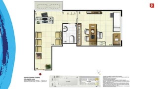 A decoração, os mobiliários, os acessórios são mera sugestão. 
As medidas apresentadas na planta são de eixo a eixo de parede e poderão sofrer 
alteração de 5%. 
Acabamentos conforme memorial descritivo. 
As esquadrias poderão sofrer alterações. 
As cores dos materiais apresentados nesta planta poderão sofrer alterações. 
Esta planta poderá sofrer alterações, variações nos pilares estruturais, shafts de 
instalações, enchimentos, ou decorrentes de atendimento das posturas municipais, 
federais, concessionárias e do local. 
A localização das evaporadoras e condensadoras de ar split poderão sofrer alteração. 
A área total indicada na planta é privativa, ou seja, tomada pelas linhas externas da 
fachada e das divisas com áreas comuns e pelo eixo das paredes divisórias entre 
unidades, conforme descrito na NBR 12.721 ABNT. 
Esta planta representa a coluna 01 do 2º ao 8º pavimento do Ed. W ork Tower, sendo a 
coluna 04 do 2º ao 8º pavimento espelhada. 
 