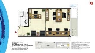 alteração da coluna 03, 
no 2º, 3º, 4º, 7º 
e 8º pavimentos. 
A decoração, os mobiliários, os acessórios são mera sugestão. 
As medidas apresentadas na planta são de eixo a eixo de parede e poderão sofrer 
alteração de 5%. 
Acabamentos conforme memorial descritivo. 
As esquadrias poderão sofrer alterações. 
As cores dos materiais apresentados nesta planta poderão sofrer alterações. 
Esta planta poderá sofrer alterações, variações nos pilares estruturais, shafts de 
instalações, enchimentos, ou decorrentes de atendimento das posturas municipais, 
federais, concessionárias e do local. 
A localização das evaporadoras e condensadoras de ar split poderão sofrer alteração. 
A área total indicada na planta é privativa, ou seja, tomada pelas linhas externas da 
fachada e das divisas com áreas comuns e pelo eixo das paredes divisórias entre 
unidades, conforme descrito na NBR 12.721 ABNT. 
Esta planta representa a coluna 02 do 2º ao 8º pavimento do Ed. Work Tower, sendo a 
coluna 03 do 2º ao 8º pavimento espelhada. 
 