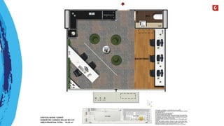 A decoração, os mobiliários, os acessórios são mera sugestão. 
As medidas apresentadas na planta são de eixo a eixo de parede e poderão 
sofrer alteração de 5%. 
Acabamentos conforme memorial descritivo. 
As esquadrias poderão sofrer alterações. 
As cores dos materiais apresentados nesta planta poderão sofrer alterações. 
Esta planta poderá sofrer alterações, variações nos pilares estruturais, shafts 
de instalações, enchimentos, ou decorrentes de atendimento das posturas 
municipais, federais, concessionárias e do local. 
A localização das evaporadoras e condensadoras de ar split poderão sofrer 
alteração. 
A área total indicada na planta é privativa, ou seja, tomada pelas linhas 
externas da fachada e das divisas com áreas comuns e pelo eixo das paredes 
divisórias entre unidades, conforme descrito na NBR 12.721 ABNT. 
Esta planta representa a junção das colunas 06 e 07 do Ed. W ork Tower. 
 