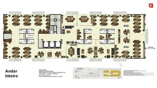 Andar 
Inteiro 
A decoração, os mobiliários, os acessórios são mera sugestão. 
As medidas apresentadas na planta são de eixo a eixo de parede e poderão sofrer alteração de 5%. 
Acabamentos conforme memorial descritivo. 
As esquadrias poderão sofrer alterações. 
As cores dos materiais apresentados nesta planta poderão sofrer alterações. 
Esta planta poderá sofrer alterações, variações nos pilares estruturais, shafts de instalações, enchimentos, ou decorrentes de 
atendimento das posturas municipais, federais, concessionárias e do local. 
A localização das evaporadoras e condensadoras de ar split poderão sofrer alteração. 
A área total indicada na planta é privativa, ou seja, tomada pelas linhas externas da fachada e das divisas com áreas comuns e 
pelo eixo das paredes divisórias entre unidades, conforme descrito na NBR 12.721 ABNT. 
 