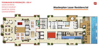 Masterplan Lazer Residencial
POSSIBILIDADE DE INTEGRAÇÃO – 230 m²
SALÃO DE FESTAS
ESPAÇO GOURMET
SALÃO DE JOGOS
LOUNGE EXTERNO
 