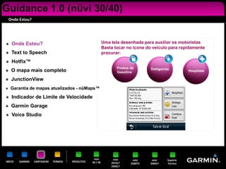 Guidance 1.0 (nüvi 30/40)
 Onde Estou?




    Onde Estou?                                             Uma tela desenhada para auxiliar os motoristas
                                                            Basta tocar no ícone do veículo para rapidamente
    Text to Speech                                          procurar:

    Hotfix™
                                                                    Postos de       Delegacias
    O mapa mais completo                                            Gasolina                           Hospitais

    JunctionView
   Garantia de mapas atualizados - nüMaps™

    Indicador de Limite de Velocidade
    Garmin Garage
    Voice Studio




                                                   nüvi          nüvi       nüvi     nüvi    Suporte
INÍCIO   GARMIN   VANTAGENS   TERMOS   PRODUTOS   30 / 40       2415LT     2580TV   3460LT   Técnico
                                                                2565LT
 