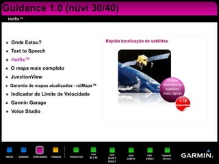 Guidance 1.0 (nüvi 30/40)
 Hotfix ™




    Onde Estou?                                             Rápida localização de satélites

    Text to Speech
    Hotfix™
    O mapa mais completo
    JunctionView
                                                                                          O nüvi
   Garantia de mapas atualizados - nüMaps™                                              encontra os
                                                                                         satélites
    Indicador de Limite de Velocidade                                                   mais rápido

                                                                                                   < 10
    Garmin Garage                                                                                 segundos

    Voice Studio




                                                   nüvi       nüvi     nüvi     nüvi    Suporte
INÍCIO   GARMIN   VANTAGENS   TERMOS   PRODUTOS   30 / 40    2415LT   2580TV   3460LT   Técnico
                                                             2565LT
 