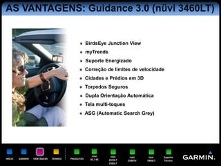AS VANTAGENS: Guidance 3.0 (nüvi 3460LT)


                                                  BirdsEye Junction View
                                                  myTrends
                                                  Suporte Energizado
                                                  Correção de limites de velocidade
                                                  Cidades e Prédios em 3D
                                                  Torpedos Seguros
                                                  Dupla Orientação Automática
                                                  Tela multi-toques
                                                  ASG (Automatic Search Grey)




                                                     nüvi      nüvi     nüvi     nüvi    Suporte
INÍCIO   GARMIN   VANTAGENS   TERMOS   PRODUTOS     30 / 40   2415LT   2580TV   3460LT   Técnico
                                                              2565LT
 