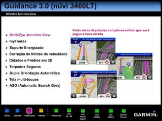 Guidance 3.0 (nüvi 3460LT)
 BirdsEye Junction View




                                                            Visão aérea de junções complexas evitam que você
     BirdsEye Junction View                                 pegue a faixa errada

     myTrends
     Suporte Energizado
     Correção de limites de velocidade
     Cidades e Prédios em 3D
     Torpedos Seguros
     Dupla Orientação Automática
     Tela multi-toques
     ASG (Automatic Search Grey)




                                                   nüvi          nüvi     nüvi     nüvi    Suporte
INÍCIO   GARMIN   VANTAGENS   TERMOS   PRODUTOS   30 / 40       2415LT   2580TV   3460LT   Técnico
                                                                2565LT
 