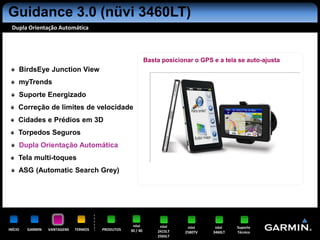 Guidance 3.0 (nüvi 3460LT)
 Dupla Orientação Automática




                                                            Basta posicionar o GPS e a tela se auto-ajusta
     BirdsEye Junction View
     myTrends
     Suporte Energizado
     Correção de limites de velocidade
     Cidades e Prédios em 3D
     Torpedos Seguros
     Dupla Orientação Automática
     Tela multi-toques
     ASG (Automatic Search Grey)




                                                   nüvi          nüvi      nüvi     nüvi    Suporte
INÍCIO   GARMIN   VANTAGENS   TERMOS   PRODUTOS   30 / 40       2415LT    2580TV   3460LT   Técnico
                                                                2565LT
 