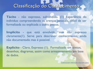 Classificação do Conhecimento

Tácito - não expresso, subtendido. (1) Experiência do
individuo compreendendo as crenças pessoais, difícil de ser
formalizada ou explicada a outra pessoa.

Implícito - que está envolvido, mas não expresso
claramente(1). Serve para descrever conhecimento, ainda
não documentado mas é possível.

Explícito - Claro, Expresso (1). Formalizado em textos,
desenhos, diagramas, assim como armazenamento em base
de dados.

                                        (1)Dicionário Michaelis (Classificação)
 