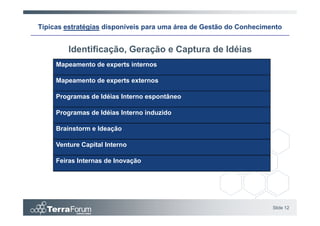 Típicas estratégias disponíveis para uma área de Gestão do Conhecimento


         Identificação, Geração e Captura de Idéias
     Mapeamento de experts internos

     Mapeamento de experts externos

     Programas de Idéias Interno espontâneo

     Programas de Idéias Interno induzido

     Brainstorm e Ideação

     Venture Capital Interno

     Feiras Internas de Inovação




                                                                    Slide 12
 