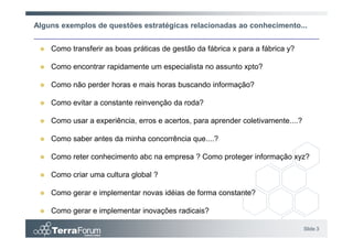 Alguns exemplos de questões estratégicas relacionadas ao conhecimento...


    Como transferir as boas práticas de gestão da fábrica x para a fábrica y?

    Como encontrar rapidamente um especialista no assunto xpto?

    Como não perder horas e mais horas buscando informação?

    Como evitar a constante reinvenção da roda?

    Como usar a experiência, erros e acertos, para aprender coletivamente....?

    Como saber antes da minha concorrência que....?

    Como reter conhecimento abc na empresa ? Como proteger informação xyz?

    Como criar uma cultura global ?

    Como gerar e implementar novas idéias de forma constante?

    Como gerar e implementar inovações radicais?

                                                                                 Slide 3
 