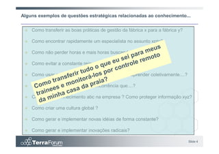 Alguns exemplos de questões estratégicas relacionadas ao conhecimento...


    Como transferir as boas práticas de gestão da fábrica x para a fábrica y?

    Como encontrar rapidamente um especialista no assunto xpto?

    Como não perder horas e mais horas buscando informação?

    Como evitar a constante reinvenção da roda?

    Como usar a experiência, erros e acertos, para aprender coletivamente....?

    Como saber antes da minha concorrência que....?

    Como reter conhecimento abc na empresa ? Como proteger informação xyz?

    Como criar uma cultura global ?

    Como gerar e implementar novas idéias de forma constante?

    Como gerar e implementar inovações radicais?

                                                                                 Slide 4
 