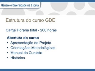 Estrutura do curso GDE Carga Horária total - 200 horas Abertura do curso  Apresentação do Projeto Orientações Metodológicas Manual do Cursista Histórico 
