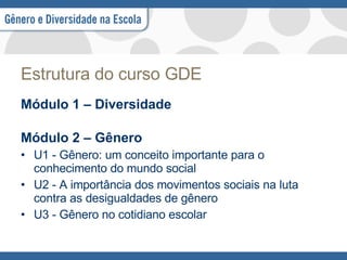 Estrutura do curso GDE Módulo 1 – Diversidade  Módulo 2 – Gênero U1 - Gênero: um conceito importante para o conhecimento do mundo social U2 - A importância dos movimentos sociais na luta contra as desigualdades de gênero U3 - Gênero no cotidiano escolar 