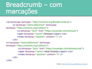 <ol itemscope itemtype="http://schema.org/BreadcrumbList">
<li itemprop="itemListElement" itemscope
itemtype="http://schema.org/ListItem">
<a itemprop="item" href="https://example.com/dresses">
<span itemprop="name">Dresses</span></a>
<meta itemprop="position" content="1" />
</li>
<li itemprop="itemListElement" itemscope itemtype="http://schema.org/ListItem">
<a itemprop="item" href="https://example.com/dresses/real">
<span itemprop="name">Real Dresses</span></a>
<meta itemprop="position" content="2" />
</li>
</ol>
Breadcrumb – com
marcações
Fonte: https://schema.org/BreadcrumbList
 