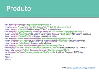 Produto
<div itemscope itemtype="http://schema.org/Product">
<img itemprop="image" src="dell-30in-lcd.jpg" alt="A Dell UltraSharp monitor"/>
<span itemprop="name">Dell UltraSharp 30" LCD Monitor</span>
<div itemprop="aggregateRating" itemscope itemtype="http://schema.org/AggregateRating">
<span itemprop="ratingValue">87</span> out of <span itemprop="bestRating">100</span> based on
<span itemprop="ratingCount">24</span> user ratings </div>
<div itemprop="offers" itemscope itemtype="http://schema.org/AggregateOffer">
<span itemprop="lowPrice">$1250</span> to <span itemprop="highPrice">$1495</span> from
<span itemprop="offerCount">8</span> sellers Sellers:
<div itemprop="offers" itemscope itemtype="http://schema.org/Offer">
<a itemprop="url" href="save-a-lot-monitors.com/dell-30.html"> Save A Lot Monitors - $1250</a>
</div> <div itemprop="offers" itemscope itemtype="http://schema.org/Offer">
<a itemprop="url" href="jondoe-gadgets.com/dell-30.html"> Jon Doe's Gadgets - $1350</a>
</div>
</div> ...
</div>
Fonte: https://schema.org/Product
 