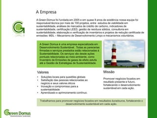 A Empresa
A Green Domus foi fundada em 2005 e em quase 8 anos de existência nossa equipe foi
responsável técnica por mais de 100 projetos, entre estudos de viabilidade em
sustentabilidade, análises de mercados de crédito de carbono, indicadores de
sustentabilidade, certificação LEED, gestão de resíduos sólidos, consultoria em
sustentabilidade, elaboração e verificação de inventários e projetos de redução certificada de
emissões: MDL – Mecanismo de Desenvolvimento Limpo e mecanismos voluntários.
A Green Domus é uma empresa especializada em
Desenvolvimento Sustentável. Todas as parecerias
firmadas e serviços prestados estão relacionadas à
Sustentabilidade. Os serviços vão desde ações
pontuais relacionadas ao meio-ambiente, como
Inventário de Emissões de gases de efeito estufa
até a Gestão de Estratégias de Sustentabilidade.

Valores
•
•
•
•

Soluções locais para questões globais
Satisfação das pessoas relacionadas ao
negócio e seus valores éticos
Inovação e compromisso para a
sustentabilidade
Aprendizado e aprimoramento contínuo.

Missão
Promover negócios focados em
resultado presente e futuro,
fortalecendo o desenvolvimento
sustentável em cada ação.

Trabalhamos para promover negócios focados em resultados duradouros, fortalecendo o
desenvolvimento sustentável em cada ação.

 