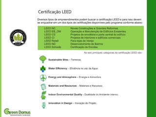 Certificação LEED
Diversos tipos de empreendimentos podem buscar a certificação LEED e para isso devem
se enquadrar em um dos tipos de certificações disponíveis pelo programa conforme abaixo:
LEED NC
LEED EB_OM
LEED CS
LEED CI
LEED Retail
LEED ND
LEED Schools

Novas Construções e Grandes Reformas
Operação e Manutenção de Edifícios Existentes
Projetos de envoltória e parte central do edifício
Projetos de interiores e edifícios comerciais
Para lojas de Varejo
Desenvolvimento de Bairros
Certificação de Escolas
As seis principais categorias da certificação LEED são:

 