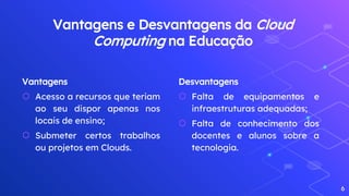 Vantagens
⬡ Acesso a recursos que teriam
ao seu dispor apenas nos
locais de ensino;
⬡ Submeter certos trabalhos
ou projetos em Clouds.
Vantagens e Desvantagens da Cloud
Computing na Educação
Desvantagens
⬡ Falta de equipamentos e
infraestruturas adequadas;
⬡ Falta de conhecimento dos
docentes e alunos sobre a
tecnologia.
6
 