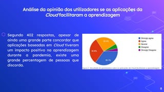 Análise da opinião dos utilizadores se as aplicações da
Cloud facilitaram a aprendizagem
⬡ Segundo 402 respostas, apesar de
ainda uma grande parte concordar que
aplicações baseadas em Cloud tiveram
um impacto positivo na aprendizagem
durante a pandemia, existe uma
grande percentagem de pessoas que
discorda.
8
Figura 2- Resultado do questionário sobre se aplicações da Cloud facilitaram a aprendizagem
 