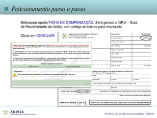 Selecionar opção  FICHA DE COMPENSAÇÃO . Será gerada a GRU – Guia de Recolhimento da União, com código de barras para impressão Clicar em  CONCLUIR    Peticionamento passo a passo 