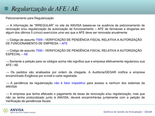    Regularização de AFE / AE Peticionamento para Regularização  ->  A informação de “IRREGULAR” no site da ANVISA baseia-se na ausência de peticionamento de renovação e/ou regularização da autorização de funcionamento – AFE de farmácias e drogarias em algum dos últimos 5 (cinco) exercícios uma vez que a AFE deve ser renovada anualmente  ->  Código de assunto  7589  - VERIFICAÇÃO DE PENDÊNCIA FISCAL RELATIVA A AUTORIZAÇÃO DE FUNCIONAMENTO DE EMPRESA –  AFE ->  Código de assunto  7590  - VERIFICAÇÃO DE PENDÊNCIA FISCAL RELATIVA A AUTORIZAÇÃO ESPECIAL –  AE ->  Somente a petição para os códigos acima não significa que a empresa efetivamente regularizou sua AFE / AE ->  Os pedidos são analisados por ordem de chegada. A Auditoria/GEGAR notifica a empresa encaminhado Exigência por e-mail e carta registrada.  ->  A pendência da regularização  não é fator impeditivo  para acesso a nenhum dos sistemas da ANVISA ->  A empresa que tenha efetuado o pagamento de taxas de renovação e/ou regularização, mas que não as tenha protocolizado junto à ANVISA, deverá encaminhá-las juntamente com a petição de Verificação de pendências fiscais   