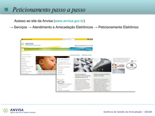    Peticionamento passo a passo Acesso ao site da Anvisa ( www.anvisa.gov.br ) ->  Serviços -> Atendimento e Arrecadação Eletrônicos -> Peticionamento Eletrônico 