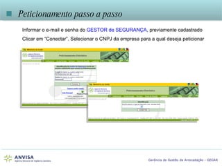    Peticionamento passo a passo Informar o e-mail e senha do  GESTOR de SEGURANÇA , previamente cadastrado Clicar em “Conectar”. Selecionar o CNPJ da empresa para a qual deseja peticionar 