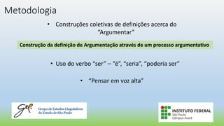 Metodologia
• Construções coletivas de definições acerca do
“Argumentar”
Construção da definição de Argumentação através de um processo argumentativo
• Uso do verbo “ser” – “é”, “seria”, “poderia ser”
• “Pensar em voz alta”
 