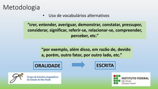 Metodologia
• Uso de vocabulários alternativos
“crer, entender, averiguar, demonstrar, constatar, pressupor,
considerar, significar, referir-se, relacionar-se, compreender,
perceber, etc.”
“por exemplo, além disso, em razão de, devido
a, porém, outro fator, por outro lado, etc.”
ORALIDADE ESCRITA
 