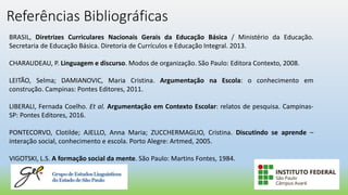 Referências Bibliográficas
BRASIL, Diretrizes Curriculares Nacionais Gerais da Educação Básica / Ministério da Educação.
Secretaria de Educação Básica. Diretoria de Currículos e Educação Integral. 2013.
CHARAUDEAU, P. Linguagem e discurso. Modos de organização. São Paulo: Editora Contexto, 2008.
LEITÃO, Selma; DAMIANOVIC, Maria Cristina. Argumentação na Escola: o conhecimento em
construção. Campinas: Pontes Editores, 2011.
LIBERALI, Fernada Coelho. Et al. Argumentação em Contexto Escolar: relatos de pesquisa. Campinas-
SP: Pontes Editores, 2016.
PONTECORVO, Clotilde; AJELLO, Anna Maria; ZUCCHERMAGLIO, Cristina. Discutindo se aprende –
interação social, conhecimento e escola. Porto Alegre: Artmed, 2005.
VIGOTSKI, L.S. A formação social da mente. São Paulo: Martins Fontes, 1984.
 