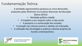 Fundamentação Teórica
A atividade argumentativa perpassa as cinco dimensões
propostas pelas Diretrizes Curriculares Nacionais da Educação
Básica (2013):
• Atividade politico-cidadã;
• O trabalho e seu impacto sobre a vida social;
• A pesquisa e a continuação dos estudos;
• A atuação nas culturas juvenis e adultas em interação;
• A utilização das tecnologias e práticas culturais próprias do
mundo contemporâneo.
 