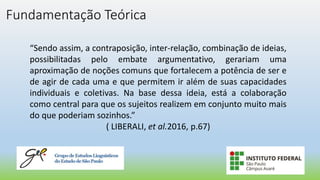 Fundamentação Teórica
“Sendo assim, a contraposição, inter-relação, combinação de ideias,
possibilitadas pelo embate argumentativo, gerariam uma
aproximação de noções comuns que fortalecem a potência de ser e
de agir de cada uma e que permitem ir além de suas capacidades
individuais e coletivas. Na base dessa ideia, está a colaboração
como central para que os sujeitos realizem em conjunto muito mais
do que poderiam sozinhos.”
( LIBERALI, et al.2016, p.67)
 