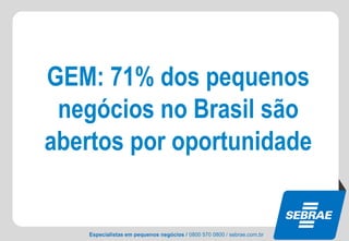 Especialistas em pequenos negócios / 0800 570 0800 / sebrae.com.br
GEM: 71% dos pequenos
negócios no Brasil são
abertos por oportunidade
 