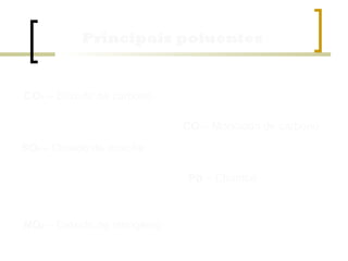 Principais poluentes
CO2 – Dióxido de carbono
CO – Monóxido de carbono
SO2 – Dióxido de enxofre
NO2 – Dióxido de nitrogênio
Pb – Chumbo
 