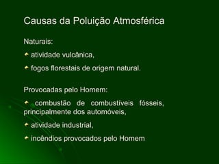 Causas da Poluição Atmosférica
Naturais:
atividade vulcânica,
fogos florestais de origem natural.
Provocadas pelo Homem:
combustão de combustíveis fósseis,
principalmente dos automóveis,
atividade industrial,
incêndios provocados pelo Homem
 