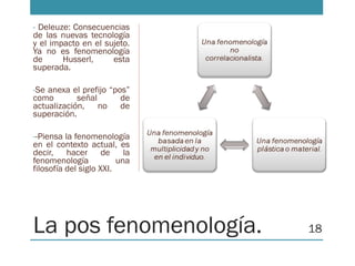 La pos fenomenología.
- Deleuze: Consecuencias
de las nuevas tecnología
y el impacto en el sujeto.
Ya no es fenomenología
de Husserl, esta
superada.
-Se anexa el prefijo “pos”
como señal de
actualización, no de
superación.
--Piensa la fenomenología
en el contexto actual, es
decir, hacer de la
fenomenología una
filosofía del siglo XXI.
18
 