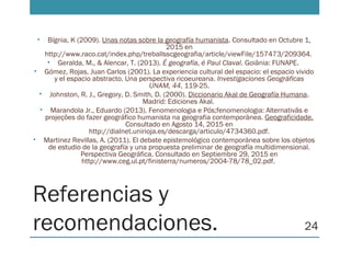 Referencias y
recomendaciones.
• Bígnia, K (2009). Unas notas sobre la geografía humanista. Consultado en Octubre 1,
2015 en
http://www.raco.cat/index.php/treballsscgeografia/article/viewFile/157473/209364.
• Geralda, M., & Alencar, T. (2013). É geografía, é Paul Claval. Goiânia: FUNAPE.
• Gómez, Rojas, Juan Carlos (2001). La experiencia cultural del espacio: el espacio vivido
y el espacio abstracto. Una perspectiva ricoeureana. Investigaciones Geográficas
UNAM, 44, 119-25.
• Johnston, R. J., Gregory, D. Smith, D. (2000). Diccionario Akal de Geografía Humana.
Madrid: Ediciones Akal.
• Marandola Jr., Eduardo (2013). Fenomenologia e Pós;fenomenologia: Alternativâs e
projeções do fazer geográfico humanista na geografia contemporànea. Geograficidade.
Consultado en Agosto 14, 2015 en
http://dialnet.unirioja.es/descarga/articulo/4734360.pdf.
• Martinez Revillas, A. (2011). El debate epistemológico contemporánea sobre los objetos
de estudio de la geografía y una propuesta preliminar de geografía multidimensional.
Perspectiva Geográfica. Consultado en Septiembre 29, 2015 en
http://www.ceg.ul.pt/finisterra/numeros/2004-78/78_02.pdf.
24
 