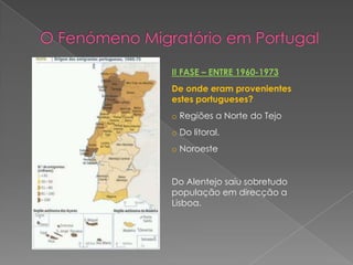 II FASE – ENTRE 1960-1973
De onde eram provenientes
estes portugueses?
o Regiões a Norte do Tejo
o Do litoral.
o Noroeste


Do Alentejo saiu sobretudo
população em direcção a
Lisboa.
 