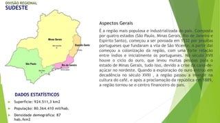 DIVISÃO REGIONAL 
SUDESTE 
DADOS ESTATÍSTICOS 
 Superfície: 924.511,3 km2 
 População: 80.364.410 mil/hab. 
 Densidade demográfica: 87 
hab./km2 
Aspectos Gerais 
É a região mais populosa e industrializada do país. Composta 
por quatro estados (São Paulo, Minas Gerais, Rio de Janeiro e 
Espírito Santo), começou a ser povoada em 1532 por jesuítas 
portugueses que fundaram a vila de São Vicente. A partir daí 
começou a colonização da região, com uma forte relação 
entre índios e inicialmente os portugueses. No século XVII 
houve o ciclo do ouro, que levou muitas pessoas para o 
estado de Minas Gerais, tudo isso, devido a crise da cana-de-açúcar 
no nordeste. Quando a exploração do ouro entrou em 
decadência no século XVIII , a região passou a investir na 
cultura do café, e após a proclamação da república em 1889, 
a região tornou-se o centro financeiro do país. 
 