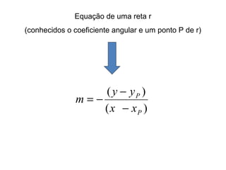 Equação de uma reta r
(conhecidos o coeficiente angular e um ponto P de r)
)(
)(
P
P
xx
yy
m
−
−
−=
 