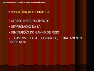 IMPORTÂNCIA ECONÔMICA ATRASO NO CRESCIMENTO DEPRECIAÇÃO DA LÃ DIMINUIÇÃO DO GANHO DE PESO GASTOS COM CONTROLE, TRATAMENTO E PROFILAXIA UFCG, Epidemiologia e Controle de Piolhos em Caprinos e Ovinos 