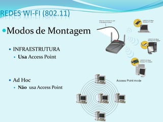 REDES WI-FI (802.11)

Modos de Montagem
   INFRAESTRUTURA
      Usa Access Point



   Ad Hoc
      Não usa Access Point
 