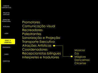 EVENTOS
CORPORATIVOS
PROJETOS
ESPECIAIS
MARKETING
PROMOCIONAL
HOTELARIA

LAZER

STAFF E
LOGÍSTICA
CENOGRAFIA

CASES

CONTATOS

Promotores
Comunicação visual
Recreadores
Palestrantes
Sonorização e Projeção
Transporte Executivo
Atrações Artísticas
Coordenadores
Recepcionistas bilíngues
Interpretes e tradutores

Músicos
DJs
Mágicos
Dançarinos
Circense

 